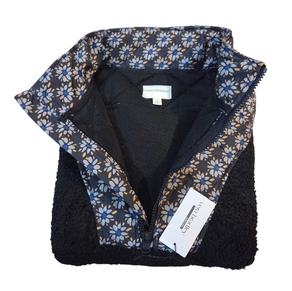 Vera Bradley - NEW Black Sherpa 1/2 Zip-up Pullover Fleece with Floral Details - Picture 5 of 6